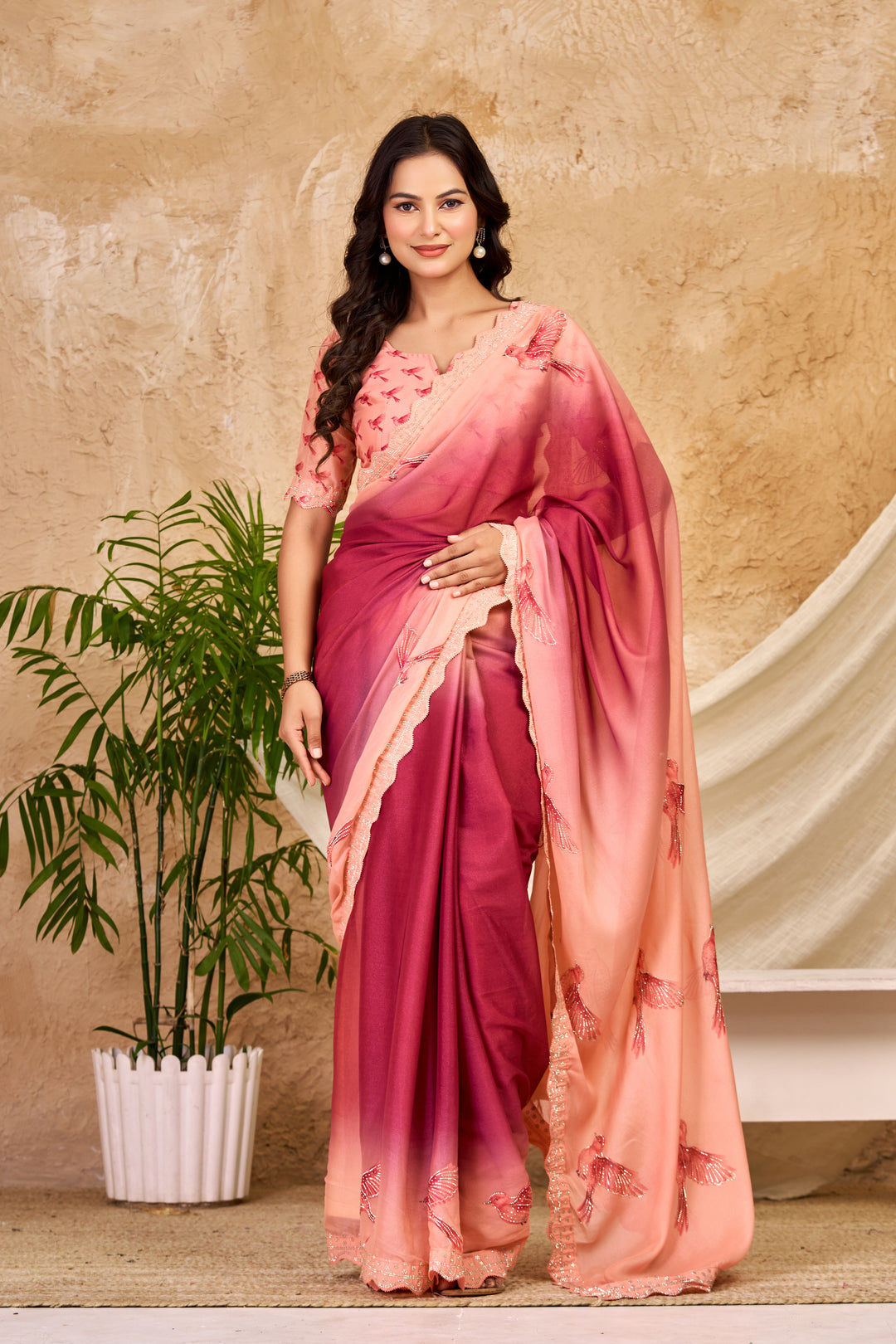 Peach & Wine Ombre Chocolate Silk Saree with Bird Motifs, Swarovski Work & Ari Cutwork Border