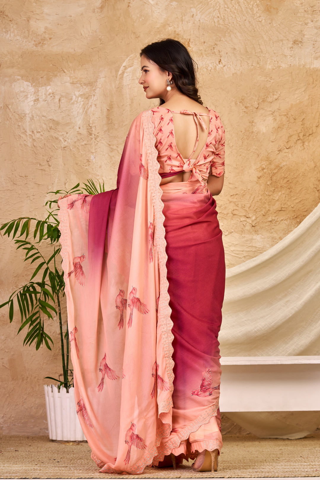 Peach & Wine Ombre Chocolate Silk Saree with Bird Motifs, Swarovski Work & Ari Cutwork Border