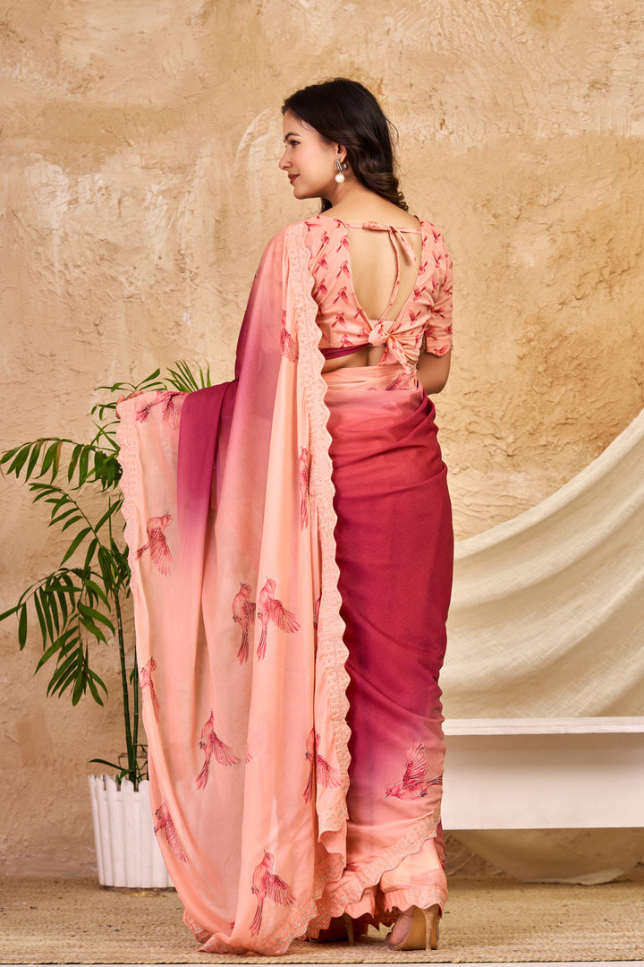 Peach & Wine Ombre Chocolate Silk Saree with Bird Motifs, Swarovski Work & Ari Cutwork Border