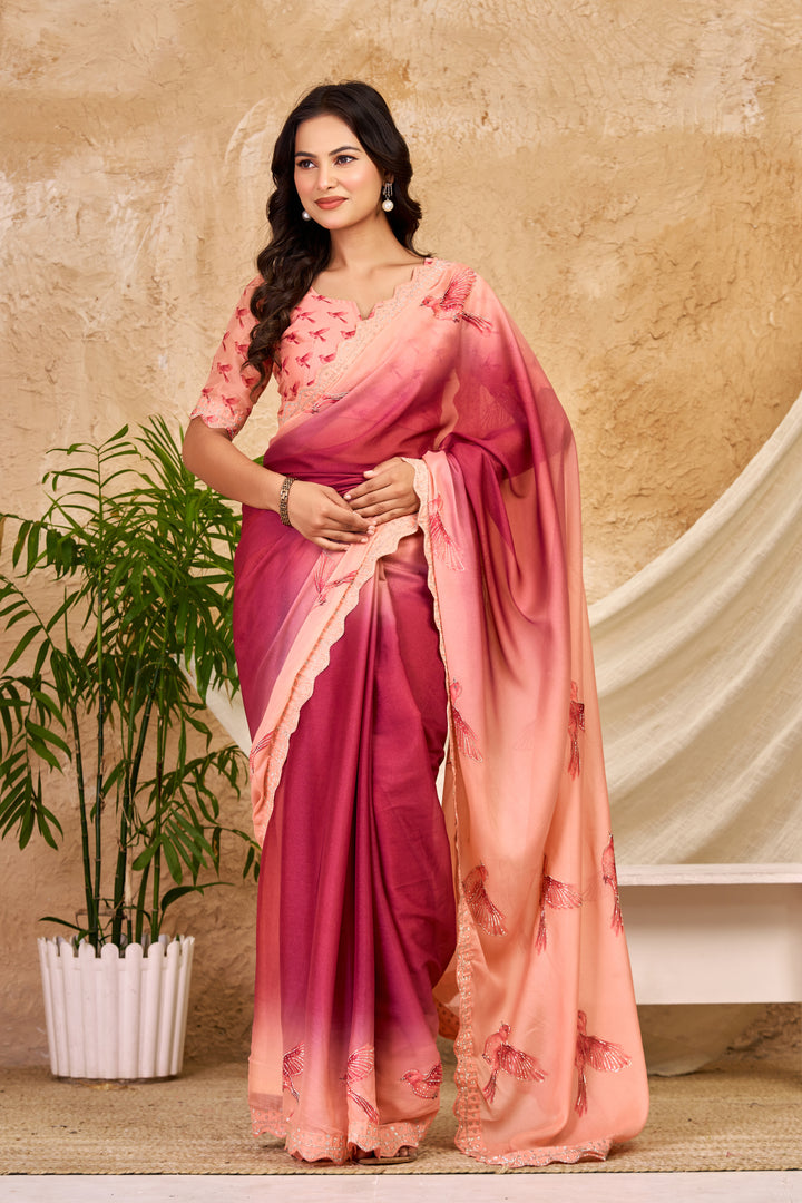Peach & Wine Ombre Chocolate Silk Saree with Bird Motifs, Swarovski Work & Ari Cutwork Border