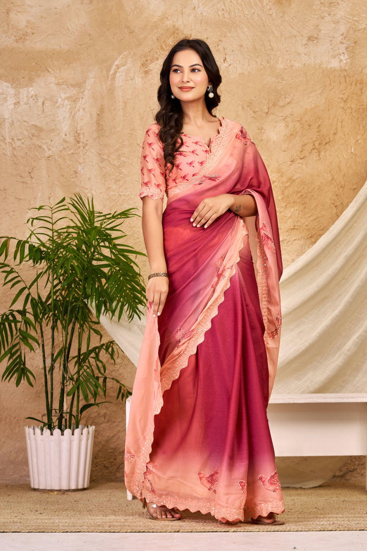Peach & Wine Ombre Chocolate Silk Saree with Bird Motifs, Swarovski Work & Ari Cutwork Border