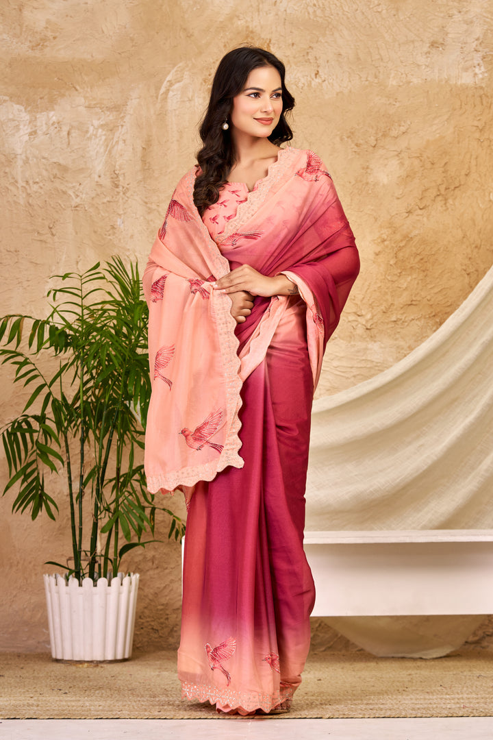 Peach & Wine Ombre Chocolate Silk Saree with Bird Motifs, Swarovski Work & Ari Cutwork Border