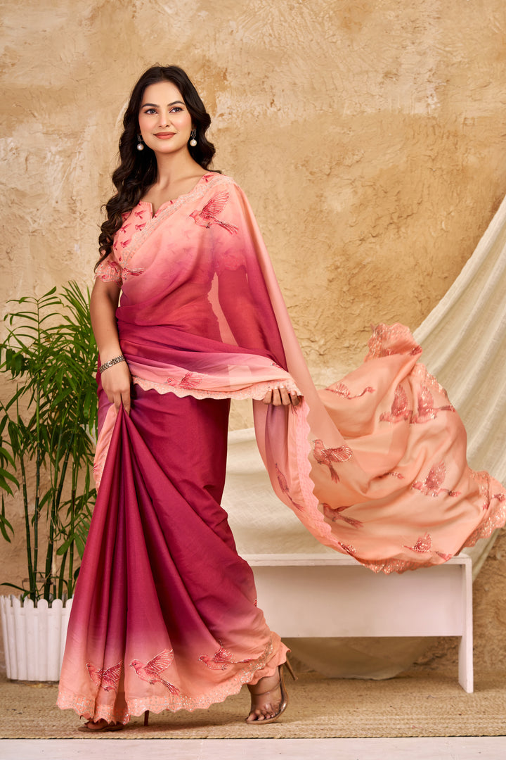 Peach & Wine Ombre Chocolate Silk Saree with Bird Motifs, Swarovski Work & Ari Cutwork Border