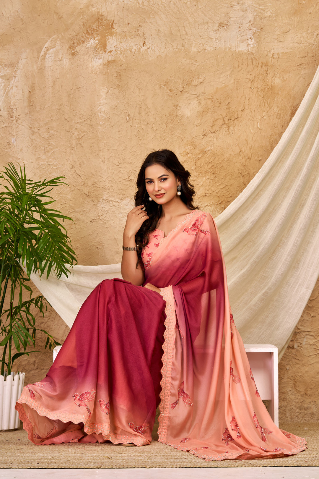 Peach & Wine Ombre Chocolate Silk Saree with Bird Motifs, Swarovski Work & Ari Cutwork Border
