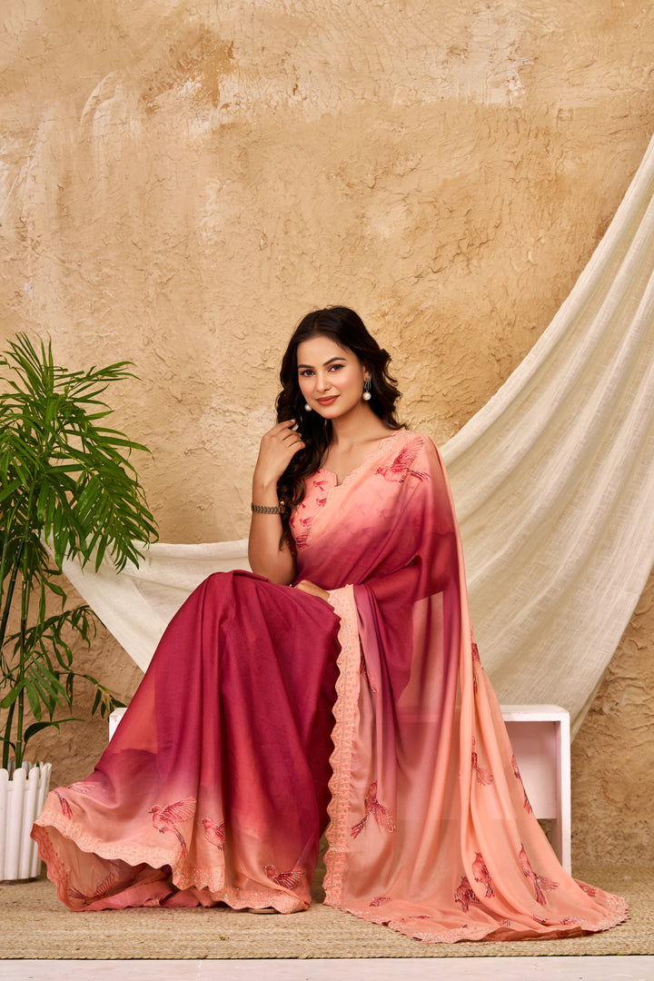 Peach & Wine Ombre Chocolate Silk Saree with Bird Motifs, Swarovski Work & Ari Cutwork Border