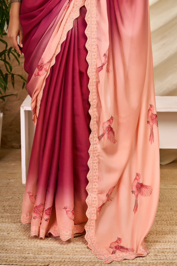 Peach & Wine Ombre Chocolate Silk Saree with Bird Motifs, Swarovski Work & Ari Cutwork Border