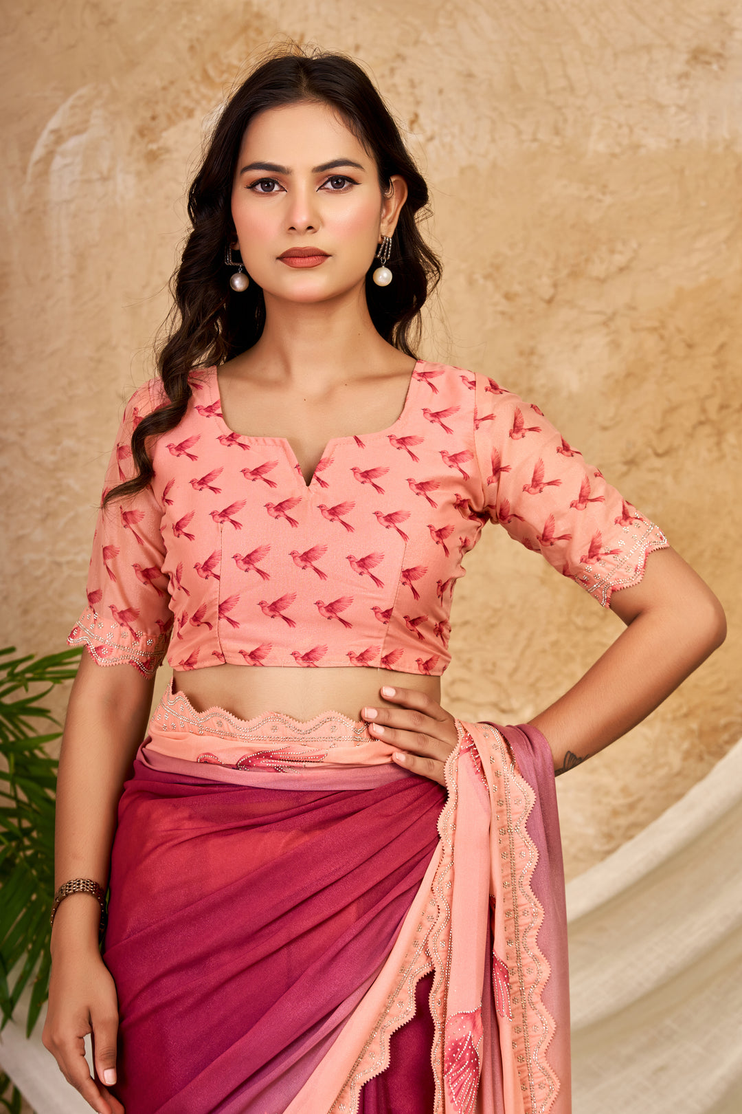 Peach & Wine Ombre Chocolate Silk Saree with Bird Motifs, Swarovski Work & Ari Cutwork Border