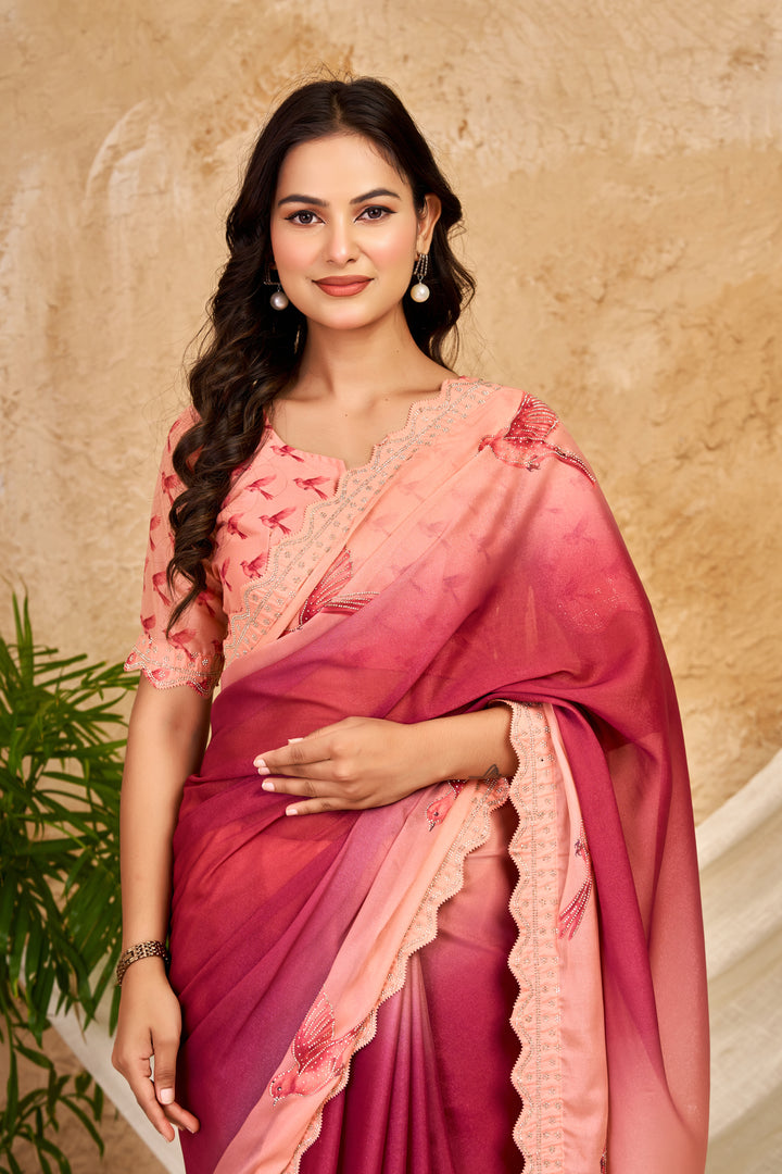 Peach & Wine Ombre Chocolate Silk Saree with Bird Motifs, Swarovski Work & Ari Cutwork Border