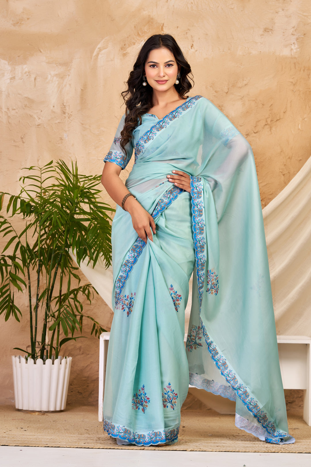 Aqua Blue Chocolate Silk Saree with Floral Digital Work, Swarovski Detailing & Designer Border