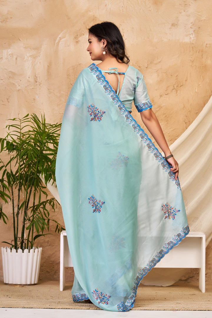 Aqua Blue Chocolate Silk Saree with Floral Digital Work, Swarovski Detailing & Designer Border
