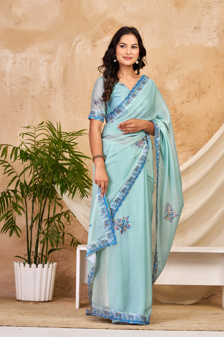 Aqua Blue Chocolate Silk Saree with Floral Digital Work, Swarovski Detailing & Designer Border
