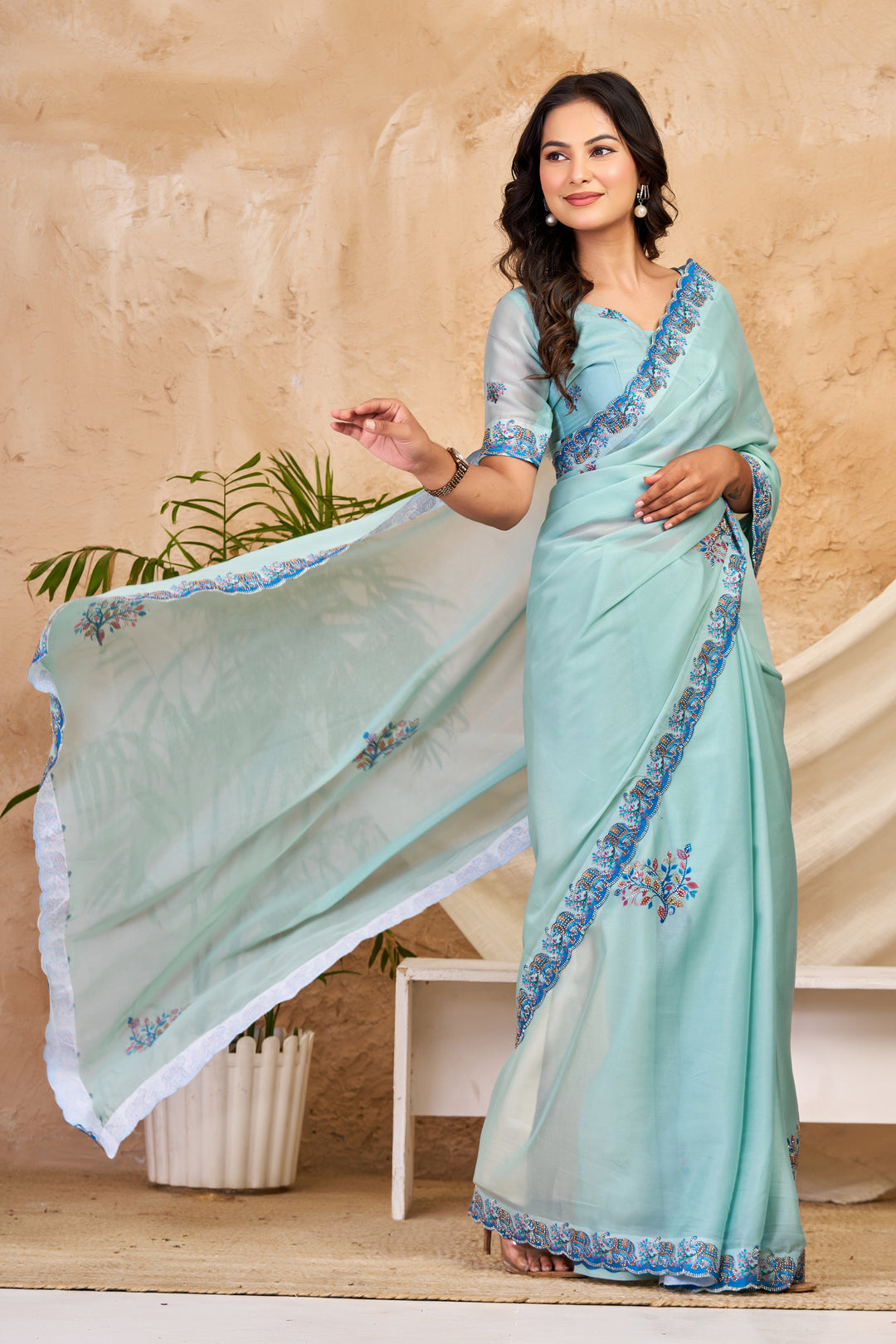 Aqua Blue Chocolate Silk Saree with Floral Digital Work, Swarovski Detailing & Designer Border