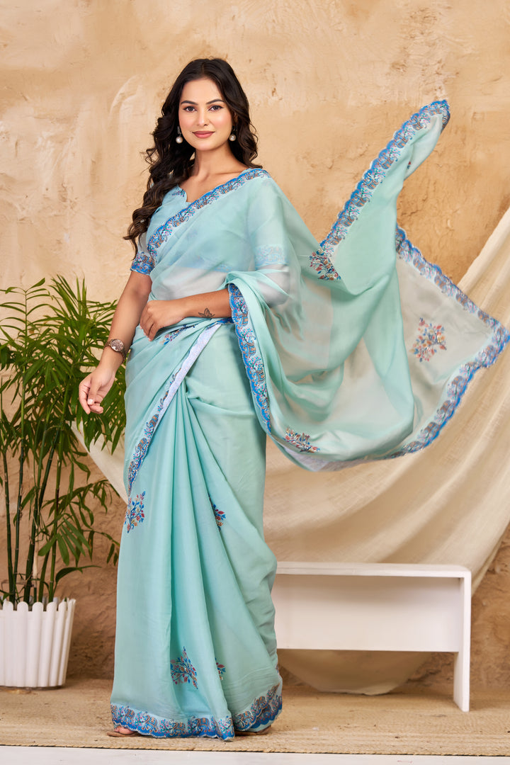 Aqua Blue Chocolate Silk Saree with Floral Digital Work, Swarovski Detailing & Designer Border
