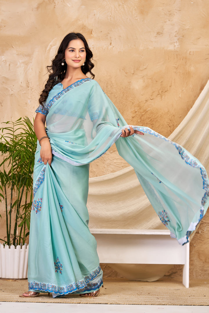 Aqua Blue Chocolate Silk Saree with Floral Digital Work, Swarovski Detailing & Designer Border
