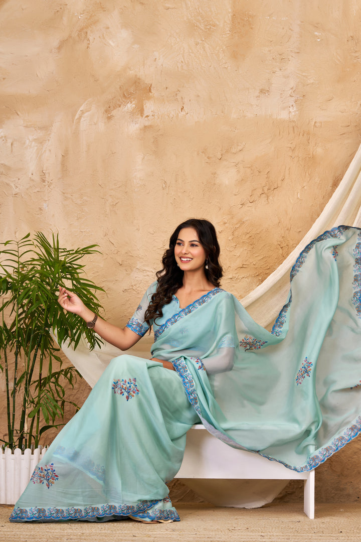 Aqua Blue Chocolate Silk Saree with Floral Digital Work, Swarovski Detailing & Designer Border