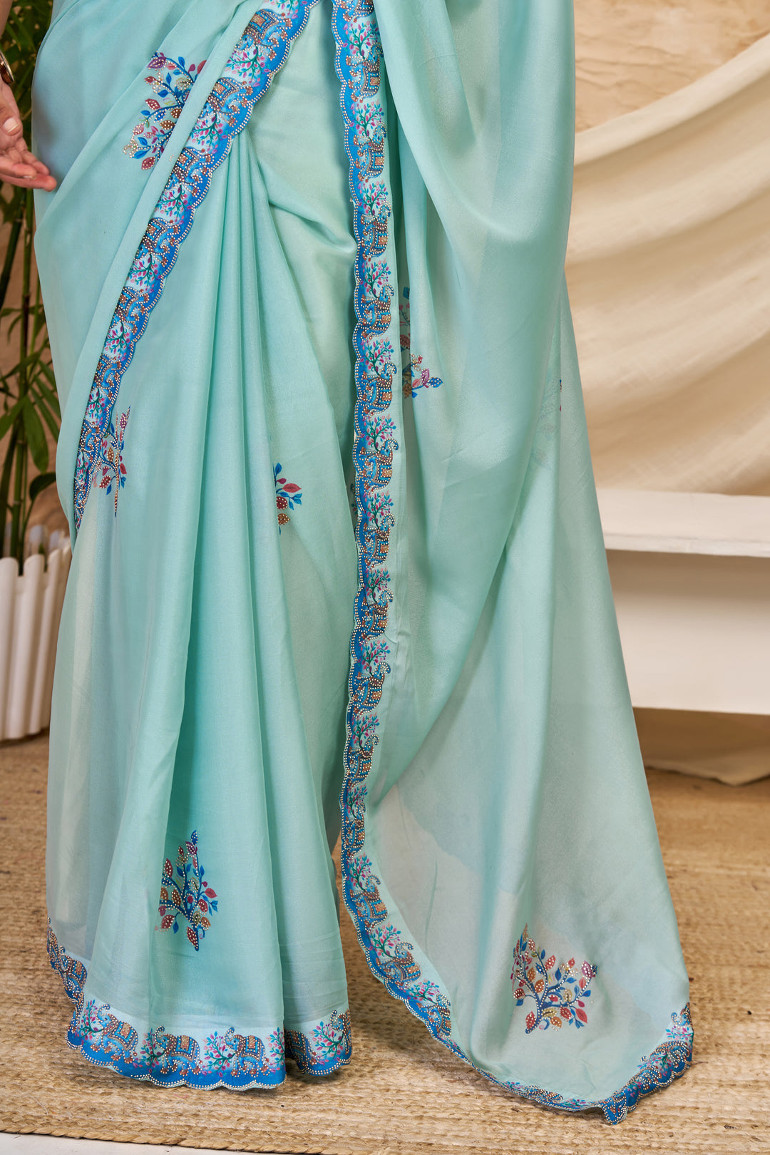 Aqua Blue Chocolate Silk Saree with Floral Digital Work, Swarovski Detailing & Designer Border