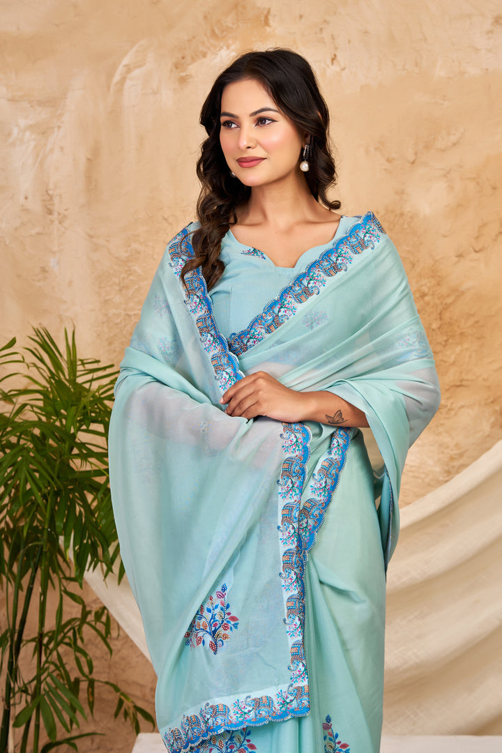 Aqua Blue Chocolate Silk Saree with Floral Digital Work, Swarovski Detailing & Designer Border