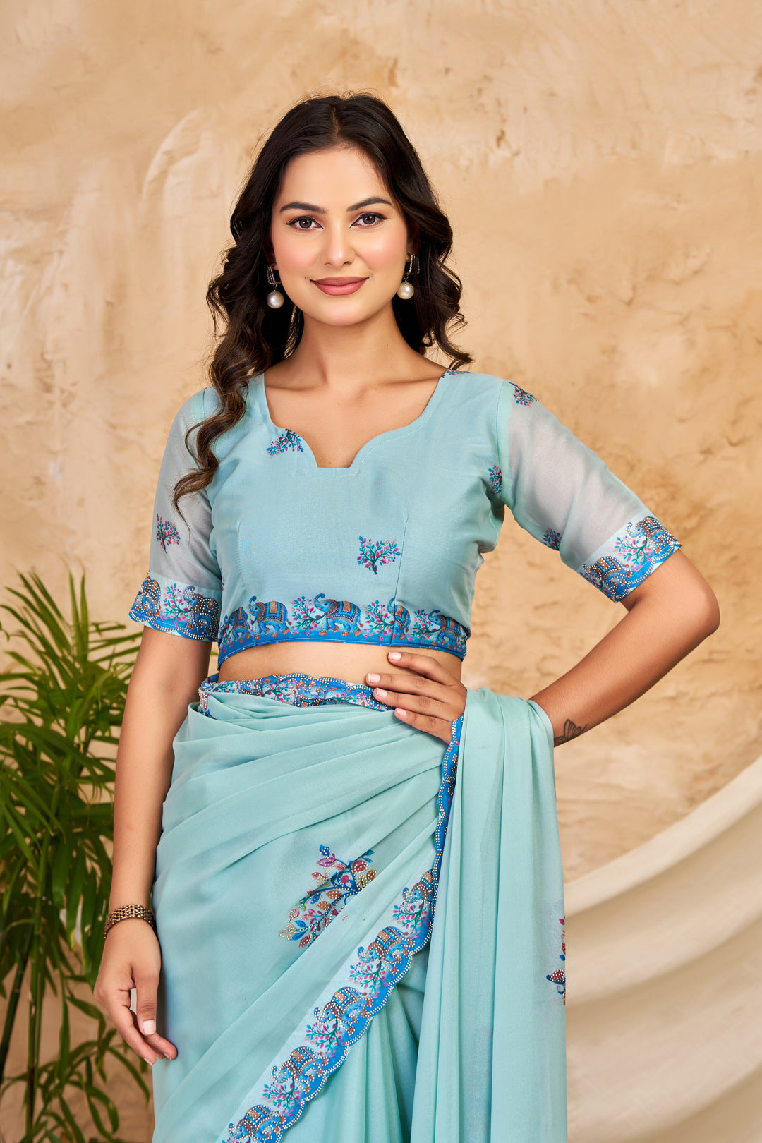 Aqua Blue Chocolate Silk Saree with Floral Digital Work, Swarovski Detailing & Designer Border