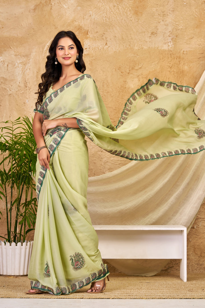 Pista Green Chocolate Silk Saree with Peacock Motifs, Swarovski Work & Designer Border