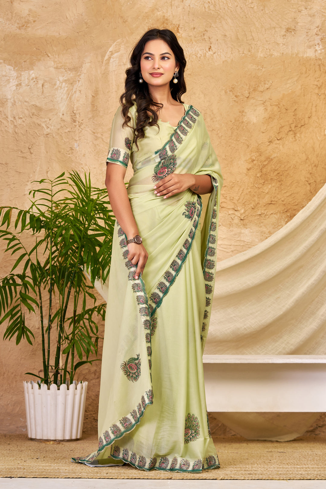 Pista Green Chocolate Silk Saree with Peacock Motifs, Swarovski Work & Designer Border