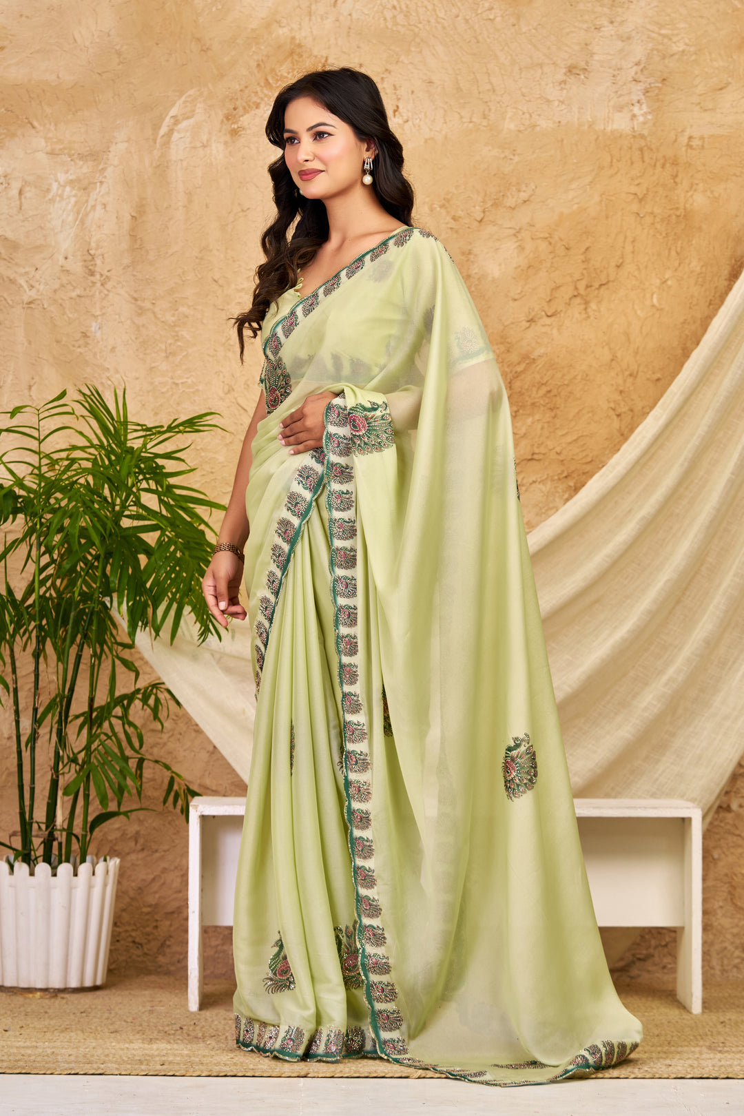Pista Green Chocolate Silk Saree with Peacock Motifs, Swarovski Work & Designer Border
