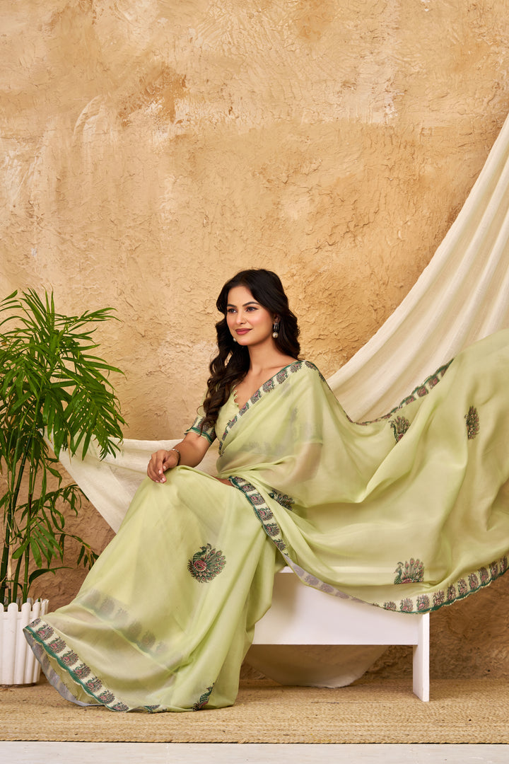 Pista Green Chocolate Silk Saree with Peacock Motifs, Swarovski Work & Designer Border