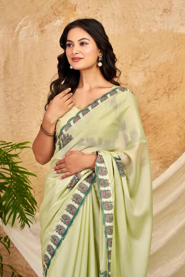 Pista Green Chocolate Silk Saree with Peacock Motifs, Swarovski Work & Designer Border