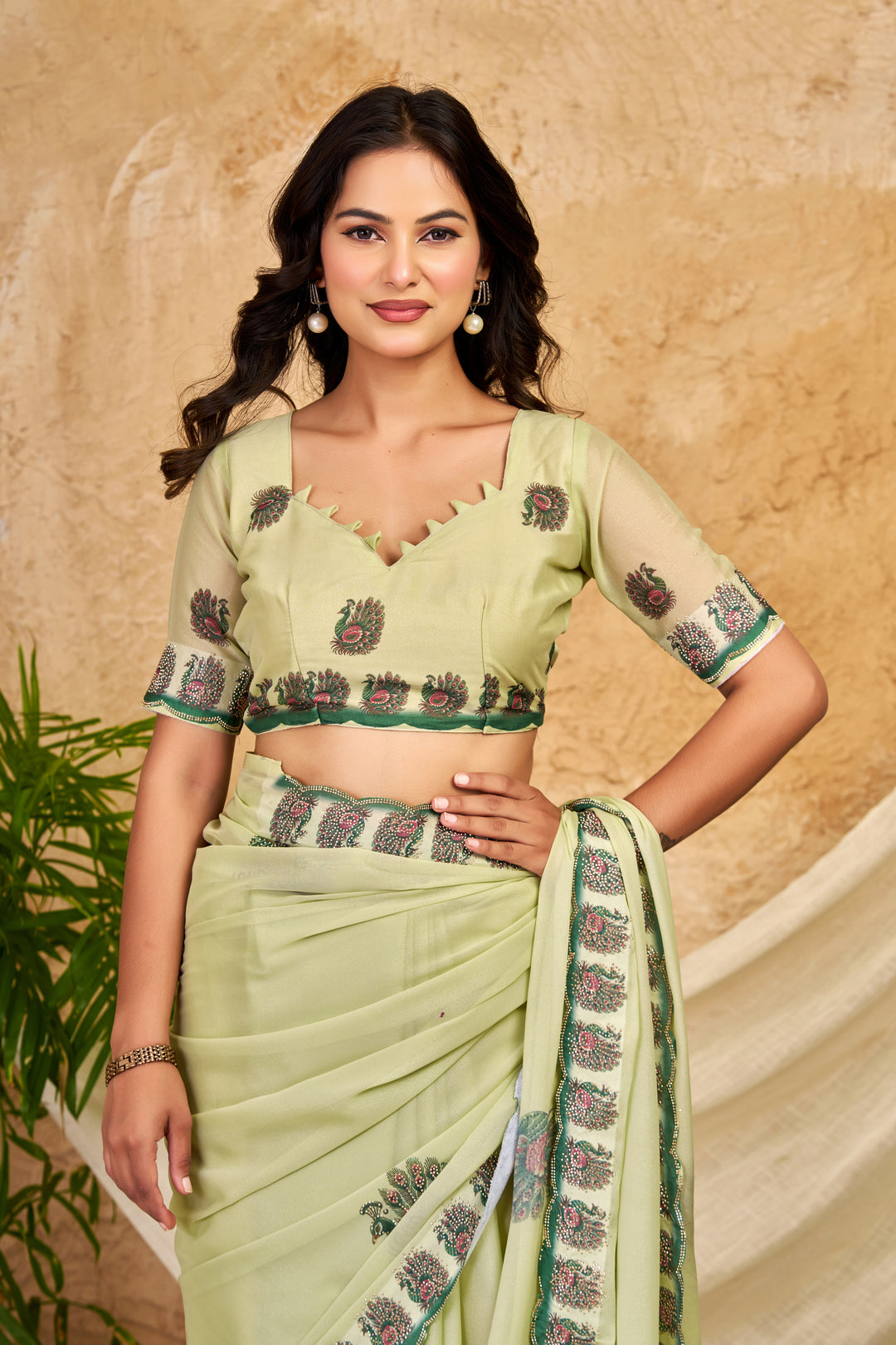 Pista Green Chocolate Silk Saree with Peacock Motifs, Swarovski Work & Designer Border
