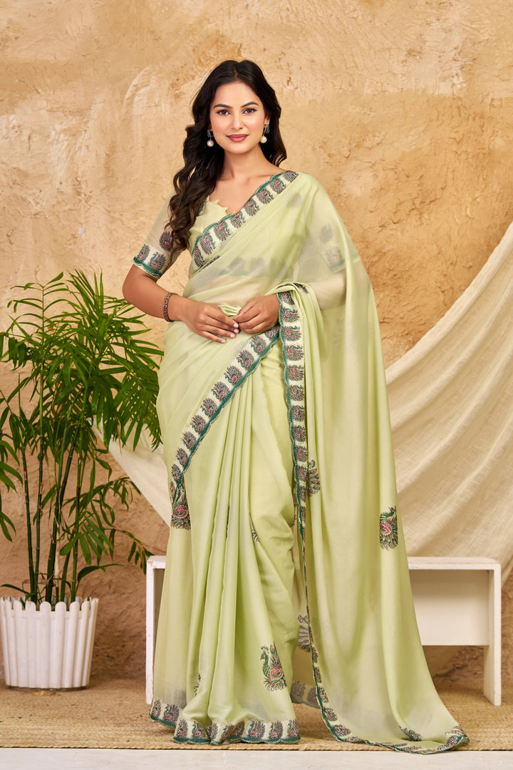 Pista Green Chocolate Silk Saree with Peacock Motifs, Swarovski Work & Designer Border