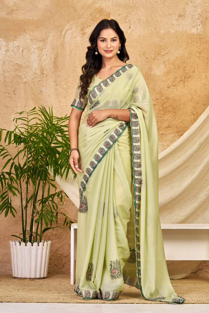 Pista Green Chocolate Silk Saree with Peacock Motifs, Swarovski Work & Designer Border