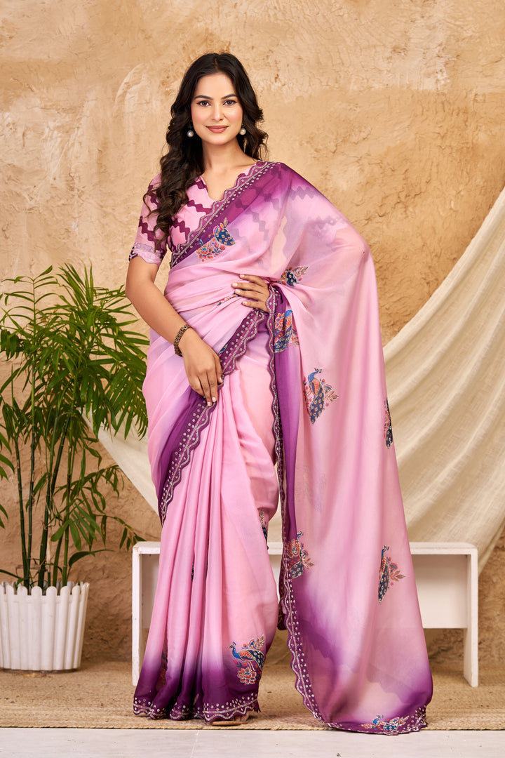 Blush Pink & Wine Ombre Chocolate Silk Saree with Peacock Motifs, Swarovski Work & Ari Cutwork Border