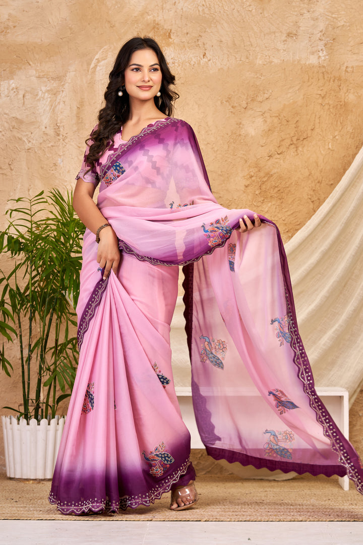Blush Pink & Wine Ombre Chocolate Silk Saree with Peacock Motifs, Swarovski Work & Ari Cutwork Border