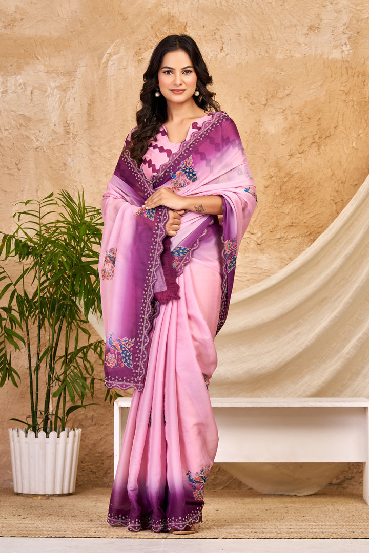 Blush Pink & Wine Ombre Chocolate Silk Saree with Peacock Motifs, Swarovski Work & Ari Cutwork Border