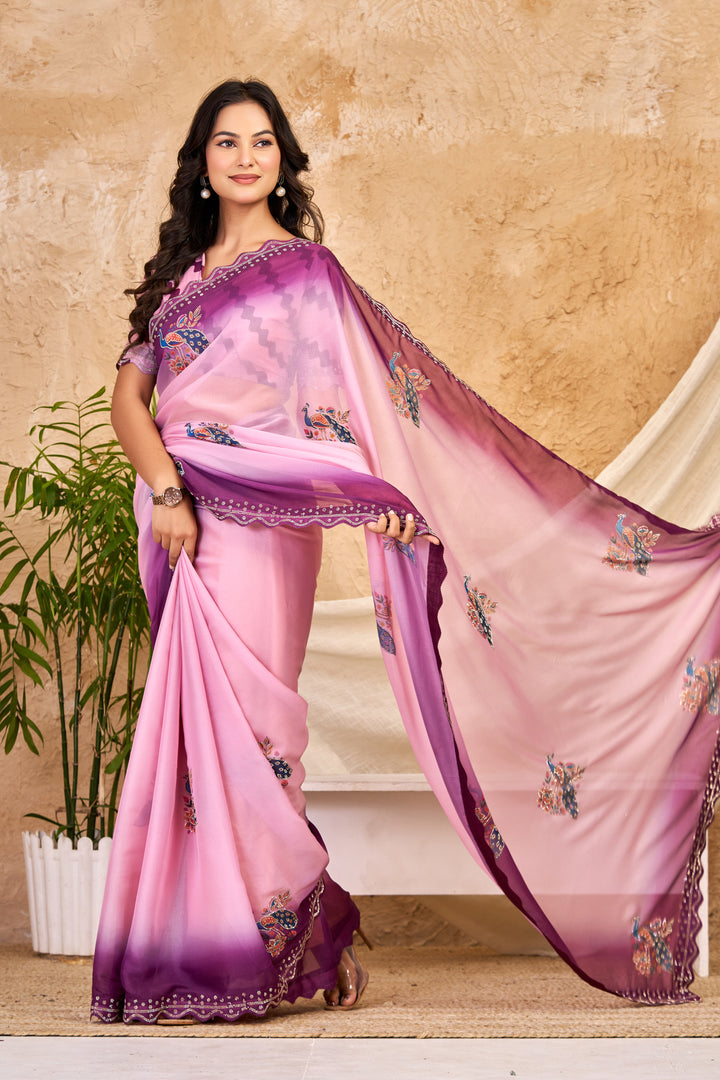 Blush Pink & Wine Ombre Chocolate Silk Saree with Peacock Motifs, Swarovski Work & Ari Cutwork Border