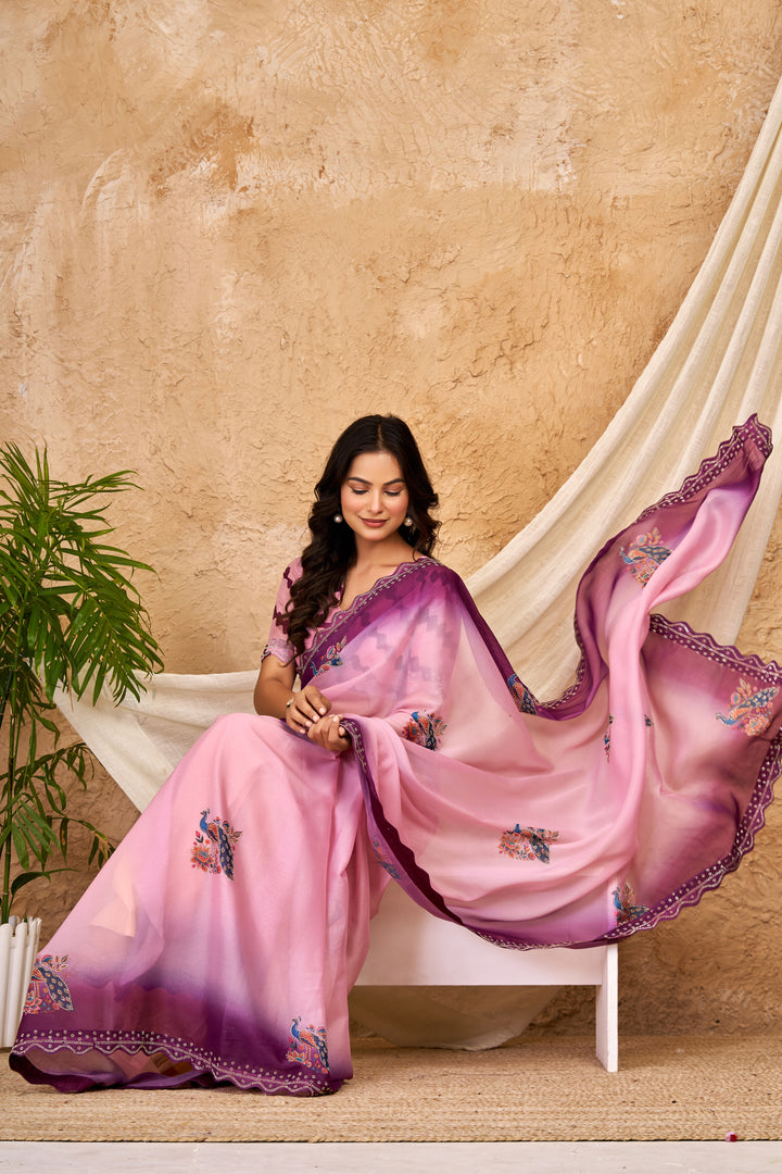 Blush Pink & Wine Ombre Chocolate Silk Saree with Peacock Motifs, Swarovski Work & Ari Cutwork Border