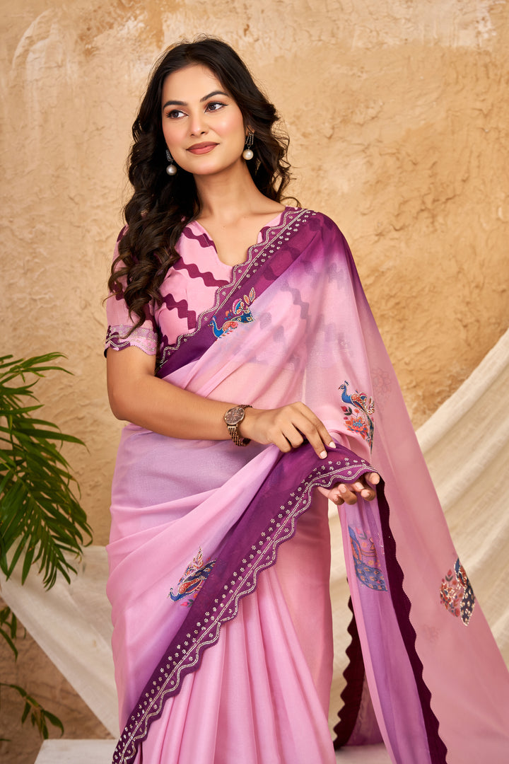 Blush Pink & Wine Ombre Chocolate Silk Saree with Peacock Motifs, Swarovski Work & Ari Cutwork Border