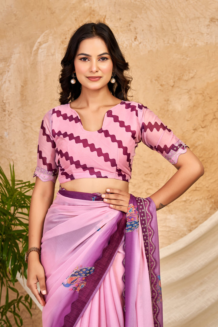Blush Pink & Wine Ombre Chocolate Silk Saree with Peacock Motifs, Swarovski Work & Ari Cutwork Border
