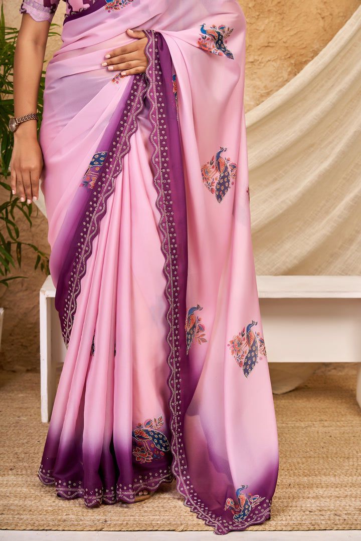 Blush Pink & Wine Ombre Chocolate Silk Saree with Peacock Motifs, Swarovski Work & Ari Cutwork Border