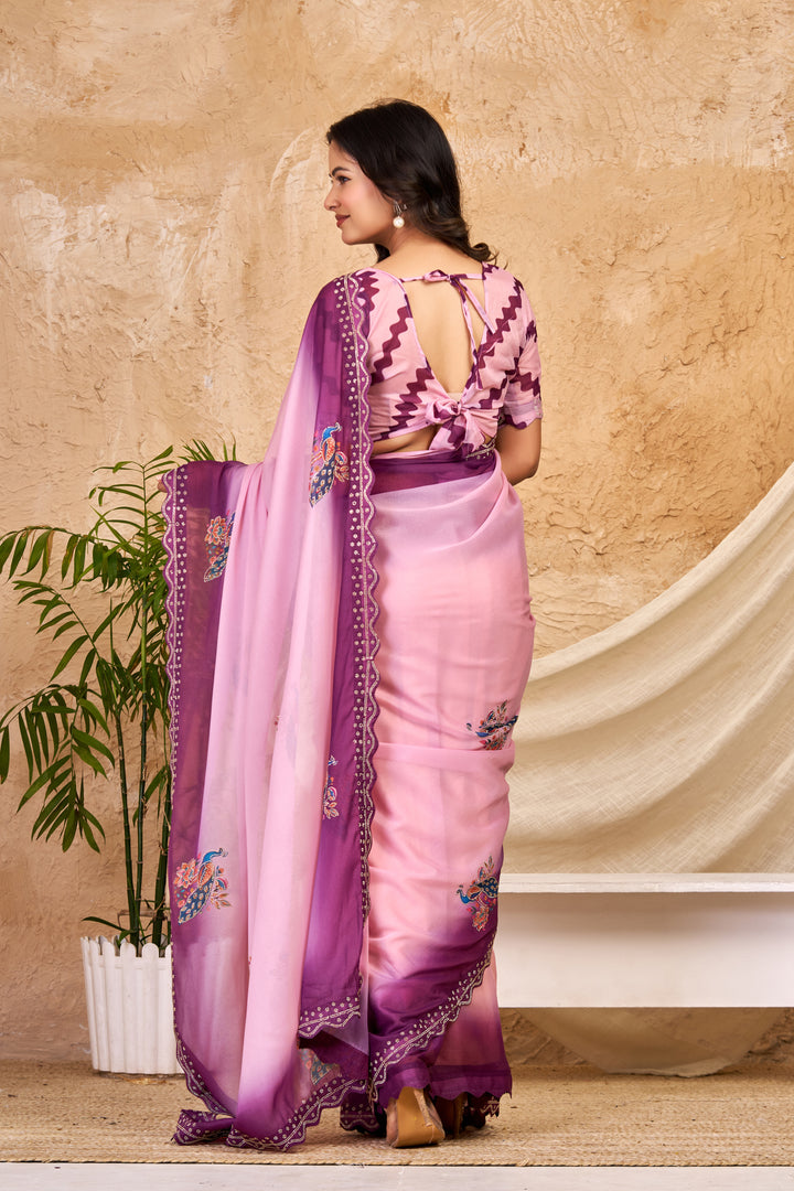 Blush Pink & Wine Ombre Chocolate Silk Saree with Peacock Motifs, Swarovski Work & Ari Cutwork Border