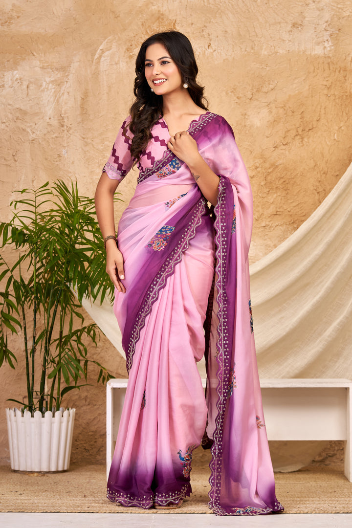 Blush Pink & Wine Ombre Chocolate Silk Saree with Peacock Motifs, Swarovski Work & Ari Cutwork Border