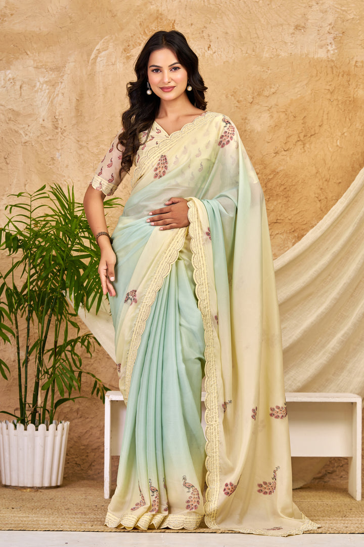 Mint Green & Ivory Ombre Chocolate Silk Saree with Peacock Motifs, Swarovski Work & Ari Cutwork Border