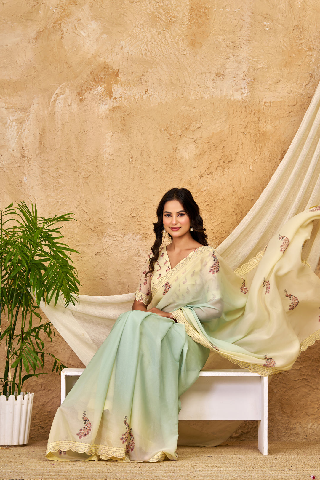 Mint Green & Ivory Ombre Chocolate Silk Saree with Peacock Motifs, Swarovski Work & Ari Cutwork Border