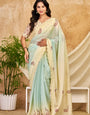 Mint Green & Ivory Ombre Chocolate Silk Saree with Peacock Motifs, Swarovski Work & Ari Cutwork Border