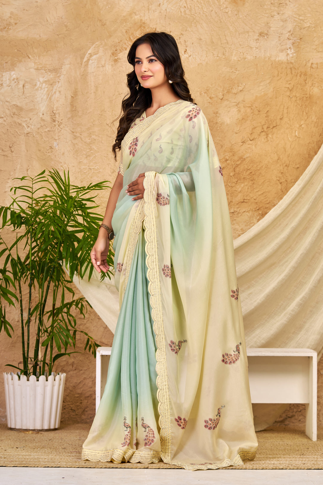 Mint Green & Ivory Ombre Chocolate Silk Saree with Peacock Motifs, Swarovski Work & Ari Cutwork Border