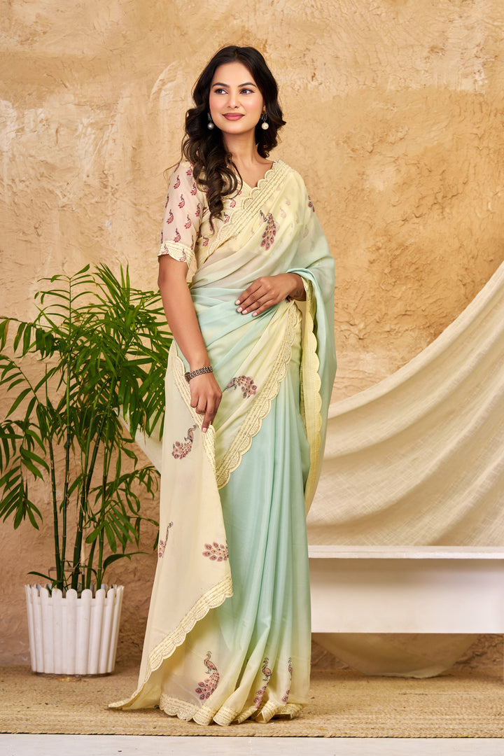 Mint Green & Ivory Ombre Chocolate Silk Saree with Peacock Motifs, Swarovski Work & Ari Cutwork Border