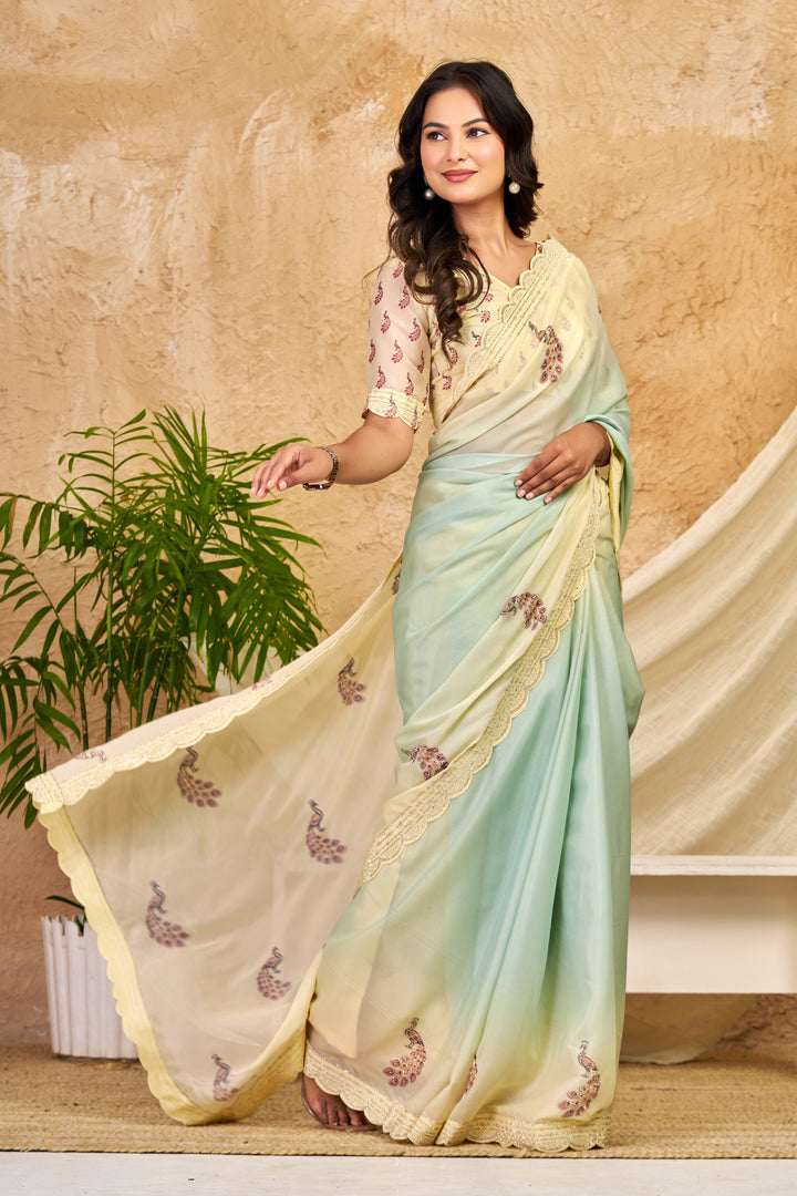 Mint Green & Ivory Ombre Chocolate Silk Saree with Peacock Motifs, Swarovski Work & Ari Cutwork Border