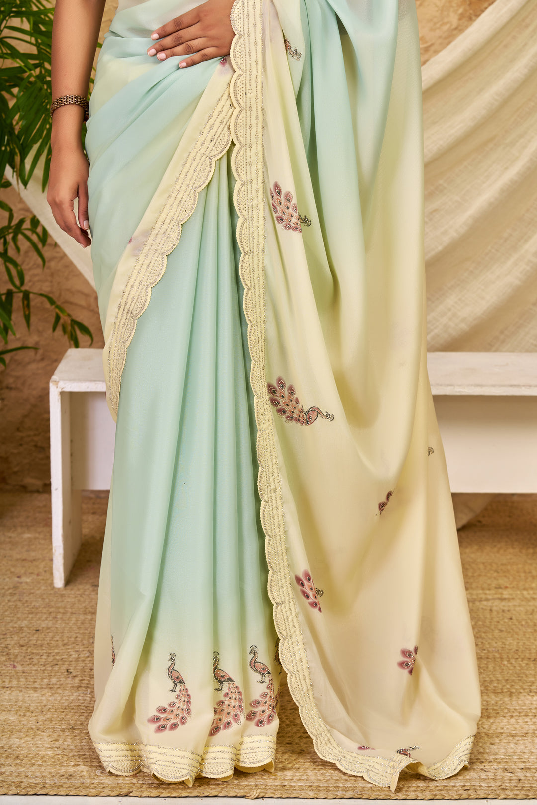 Mint Green & Ivory Ombre Chocolate Silk Saree with Peacock Motifs, Swarovski Work & Ari Cutwork Border