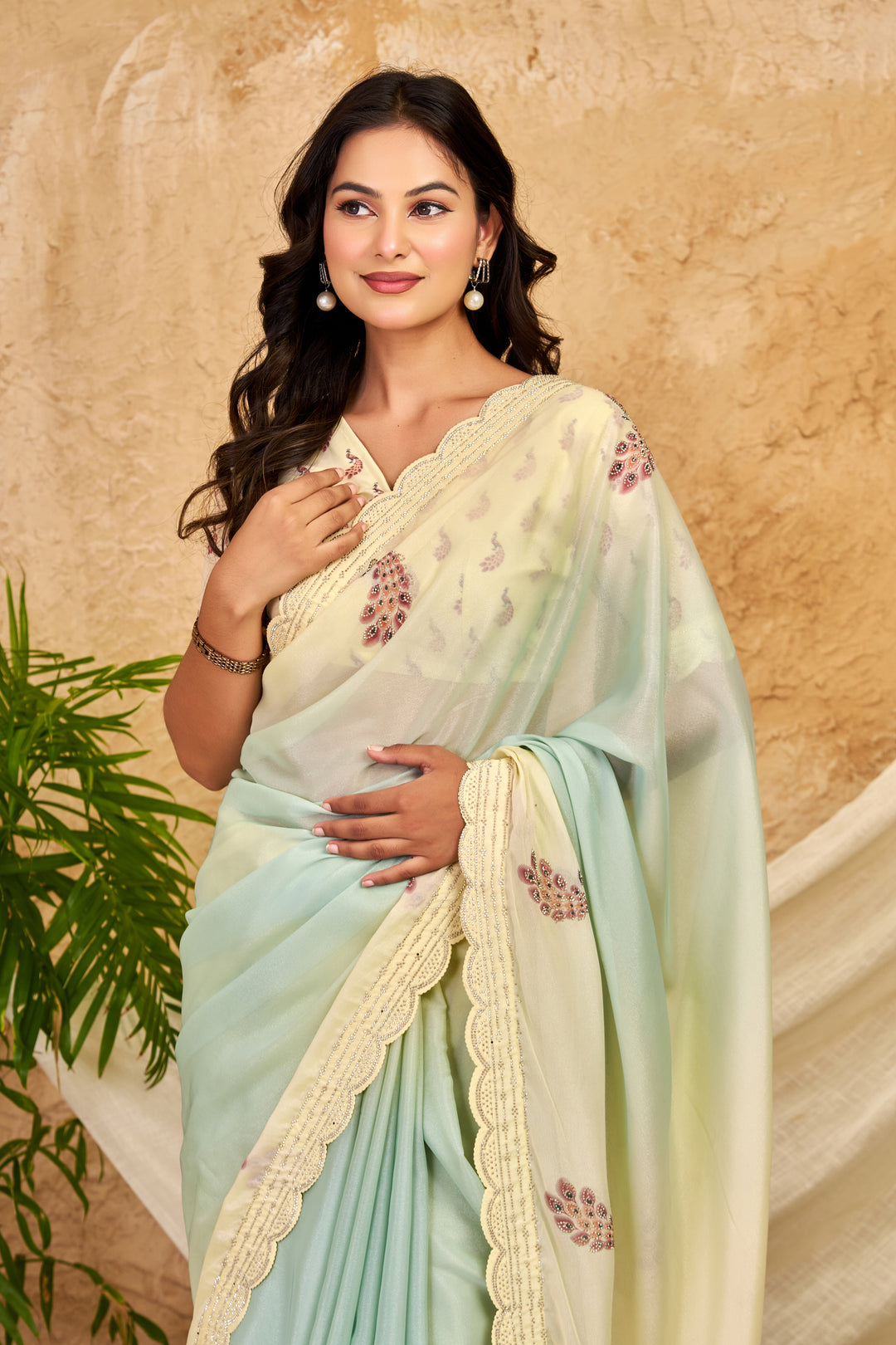 Mint Green & Ivory Ombre Chocolate Silk Saree with Peacock Motifs, Swarovski Work & Ari Cutwork Border