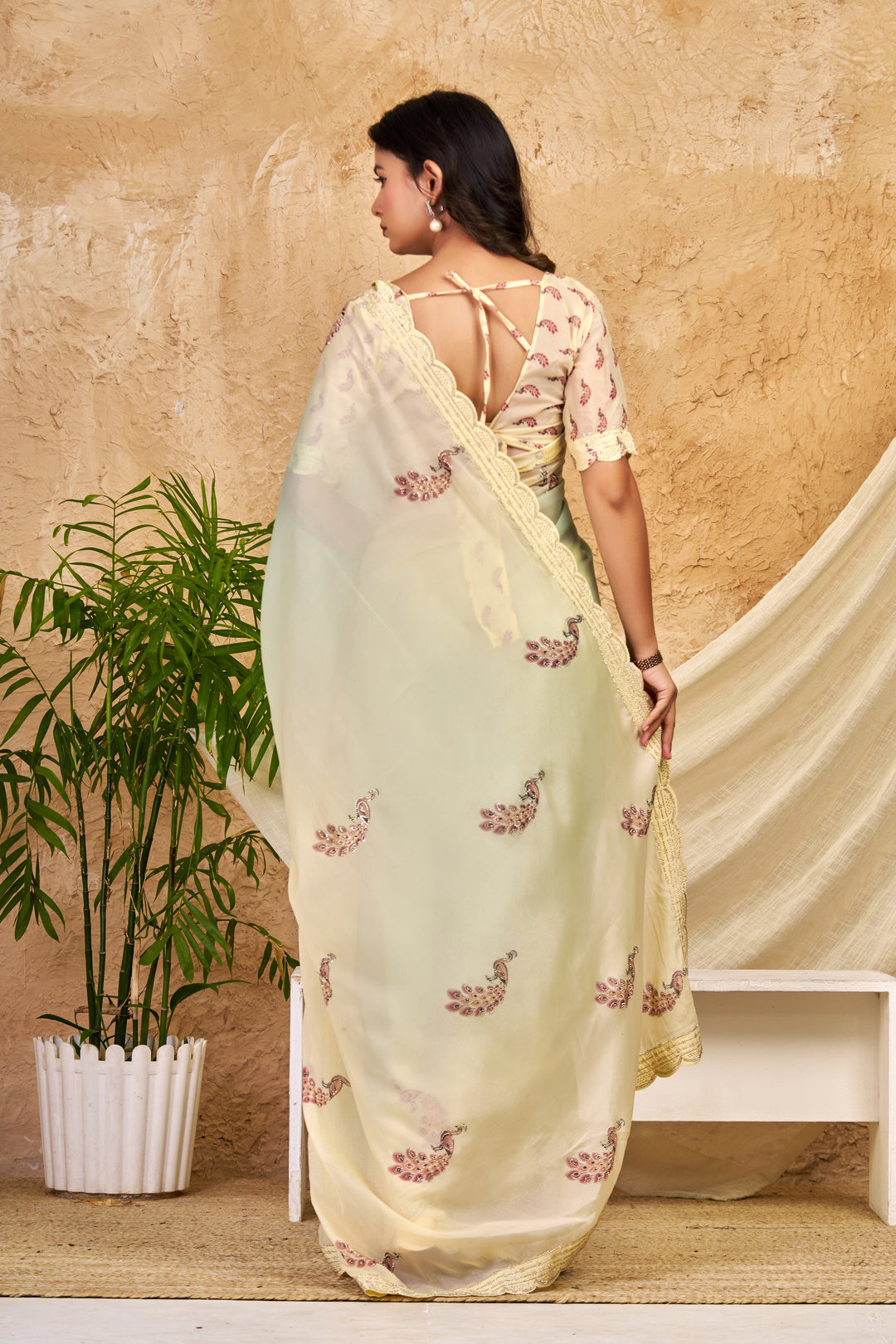 Mint Green & Ivory Ombre Chocolate Silk Saree with Peacock Motifs, Swarovski Work & Ari Cutwork Border
