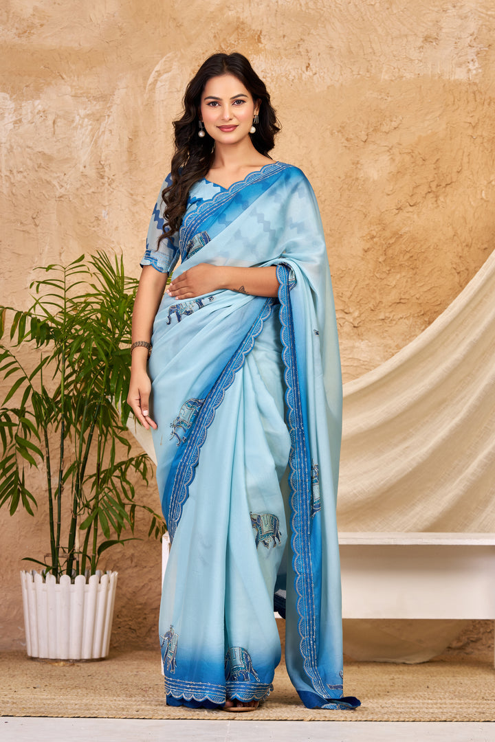 Sky Blue Ombre Chocolate Silk Saree with Elephant Motifs, Swarovski Work & Ari Cutwork Border